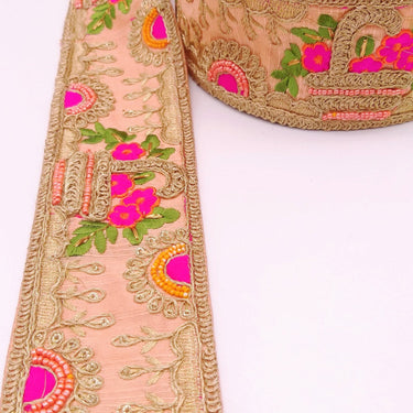 Peach Art Silk Fabric Trim With Green, Orange, Fuchsia Pink And Gold Floral Embroidery